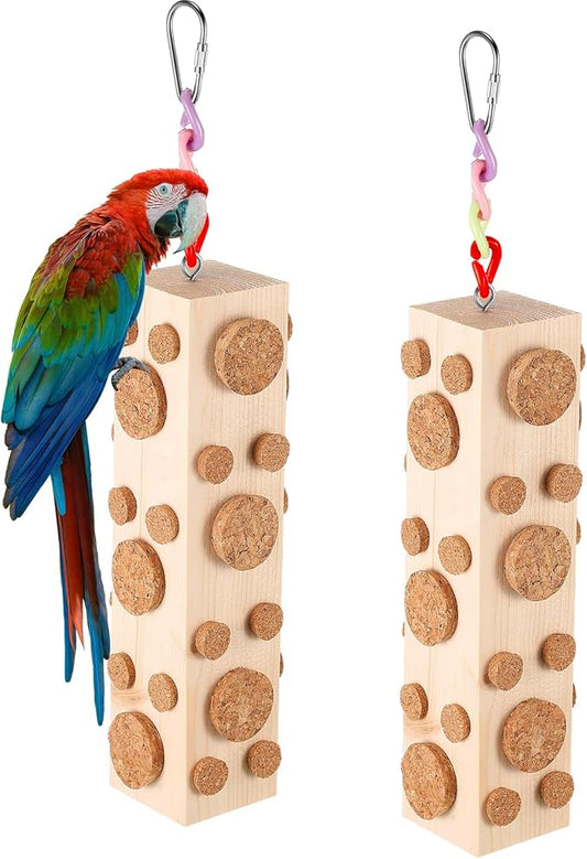Skyygemm 2 Pcs Bird Parrot Chew Toys Wooden Foraging Hanging for Birds Parrots Cork Stopper Toys Cage Woodpecker Feeding Toy for Macaws, Small Parakeets Conure Budgies Finches Cockatiel