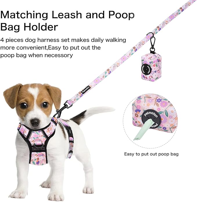 Petmolico No Pull Dog Harness Set with Leash Attachment Easy Control Handle Reflective Harness Vest Small Breed, Puppy Vest and Leash Set with Poop Bag Holder, Small - Pink Flowers