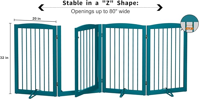 Freestanding Dog Gates with Door Walk Through, Pet Gate for Stairs, 80 inch Wide Gates Indoor, Dog Fences Indoor, Support Feet Included, 4 Panels, 32" Tall, Blue