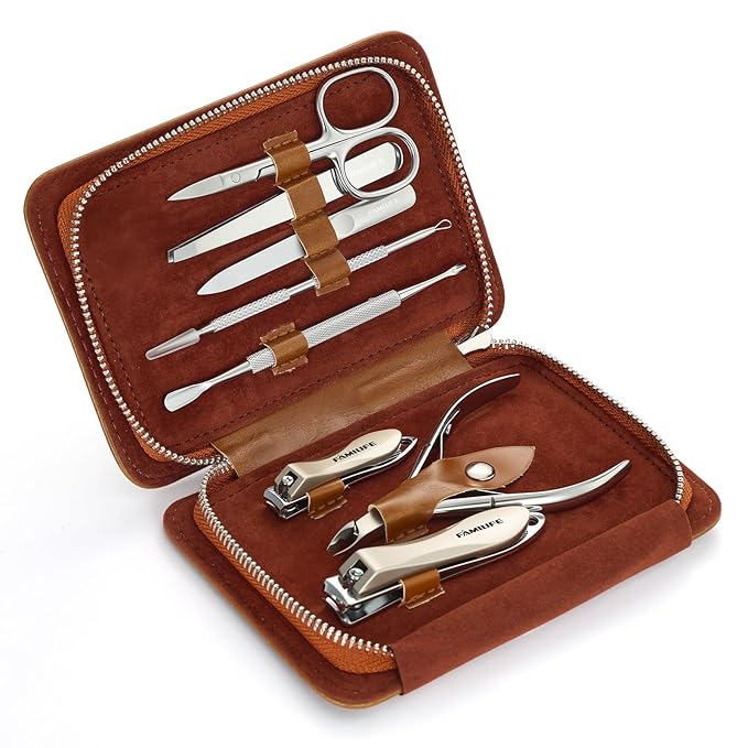 FAMILIFE Manicure Set, Nail Clippers Pedicure Tool, 8 pcs Stainless Steel Manicure Kit Professional Grooming Tool, Nail Kit with Portable Brown Leather Travel Case Luxury Gifts for Men