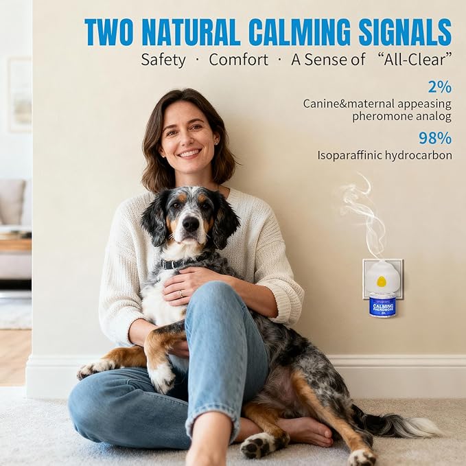 Dog Calming Diffuser with Pheromones for Anxiety Relief, Reduces Barking & Stress, Natural Formula, Safe for Puppies & Adult Dogs, 60 Day Long Lasting 1 Diffuser 2 Refill
