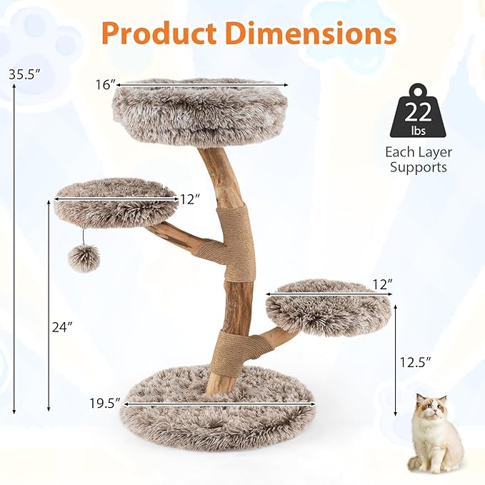 Tangkula Solid Wood Cat Tree, Multi-Level Modern Cat Tower with Scratching Posts, Cozy Top Perch, 2 Platforms, Dangling Ball, Soft Long Plush, Natural Branch Cute Cat Tree for Indoor Kittens