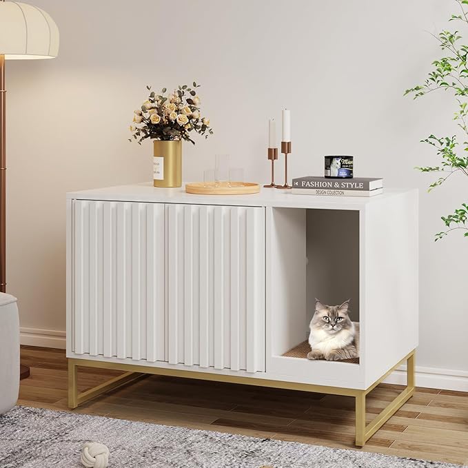 Litter Box Enclosure, Modern Cat Litter Box Furniture Hidden Litter Box with Scratch Pad, Cat Washroom House End Table, Entryway Bench for Livingroom (White)