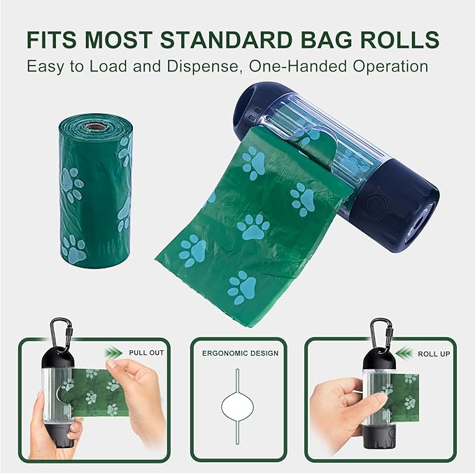 Tubasion 3-in-1 Dog Poop Bag Holder with Flashlight 7-Color, USB-C Rechargeable doggie bag holder for leash, IPX6 Waterproof Anti-Slip Clip Pet Waste Bag Dispenser for Walking (2 Dispensers, 60 Bags)