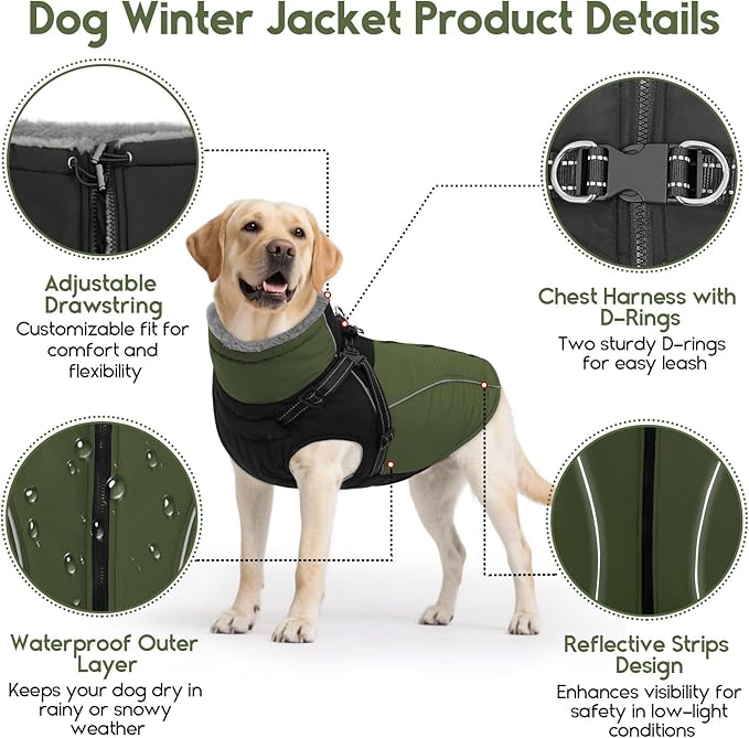 ASENKU Reflective Dog Coat with Built-in Harness, Windproof Fleece-Lined Dog Jacket for Small, Medium, Large Dogs, Warm Winter Vest with Turtleneck & Zipper (Green L)
