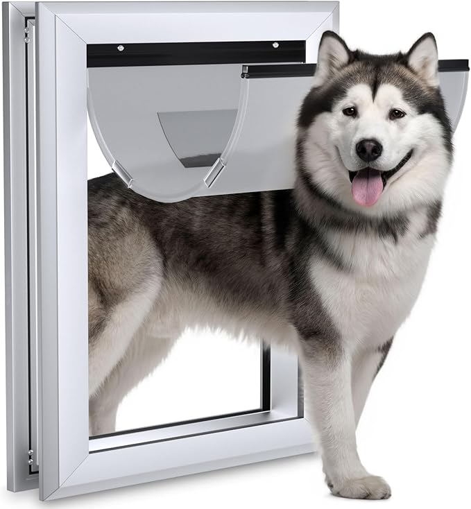 Ownpets Aluminum Extra Large Dog Door, Pet Door with Magnetic Flap and Lockable Sliding Panel, Heavy Duty Doggy Door for Dogs Up to 200lbs(Silver)