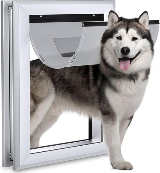 Ownpets Aluminum Extra Large Dog Door, Pet Door with Magnetic Flap and Lockable Sliding Panel, Heavy Duty Doggy Door for Dogs Up to 200lbs(Silver)