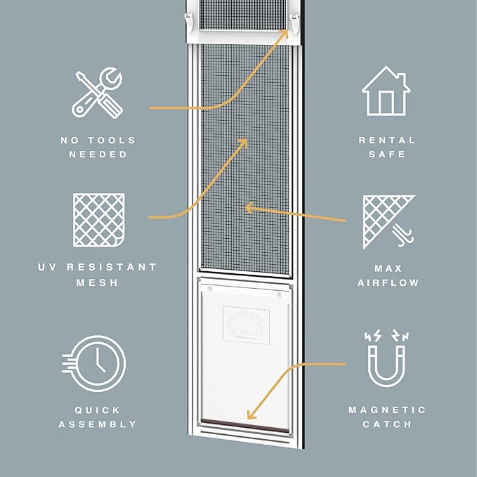 Hakuna Pets V2 Patio Pet Door Screen Insert Panel for Sliding Doors, Fits Door Track Min Ht 55.12" to Max Ht 84.25",UV Resistant Mesh, Locking Magnetic Dog Door, Easy Install and Removal, Small, White