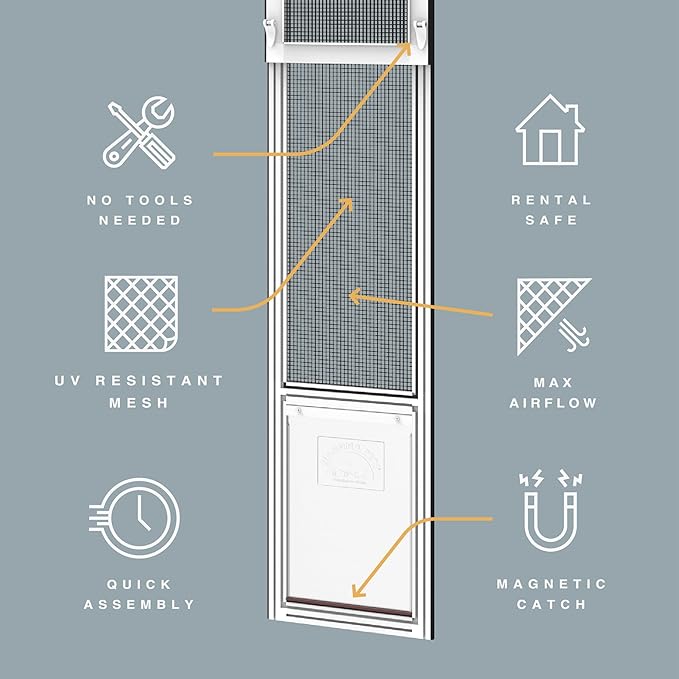 Hakuna Pets V2 Patio Pet Door Screen Insert Panel for Sliding Doors, Fits Door Track Min Ht 59.05" to Max Ht 84.25",UV Resistant Mesh, Locking Magnetic Dog Door, Easy Install and Removal,Medium,White
