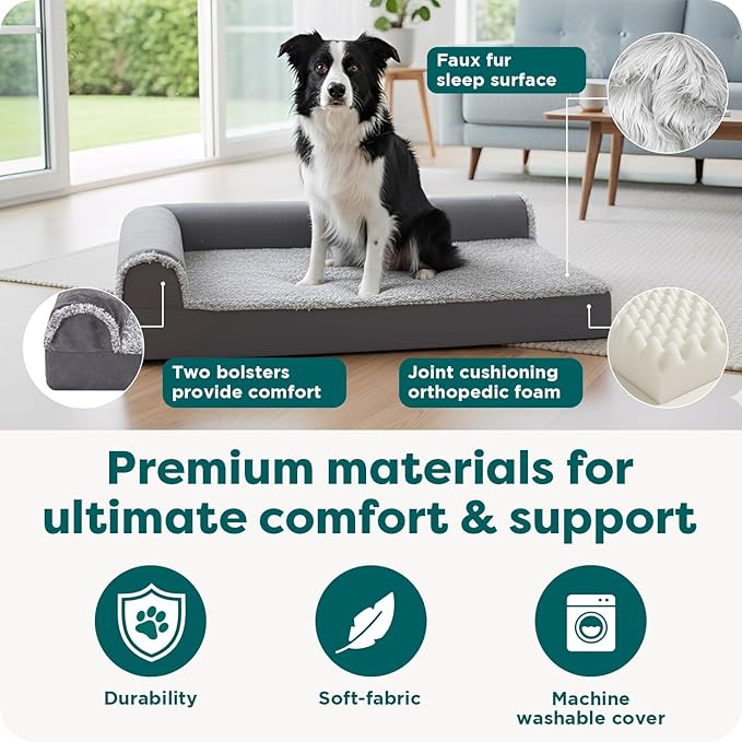FurHaven Orthopedic Dog Bed for Large Dogs, L-Shaped Chaise Contour Mattress with Egg Crate Orthopedic Memory Foam for Joint Support, Removable Washable Cover, Large, Faux Fur & Suede, Stone Gray