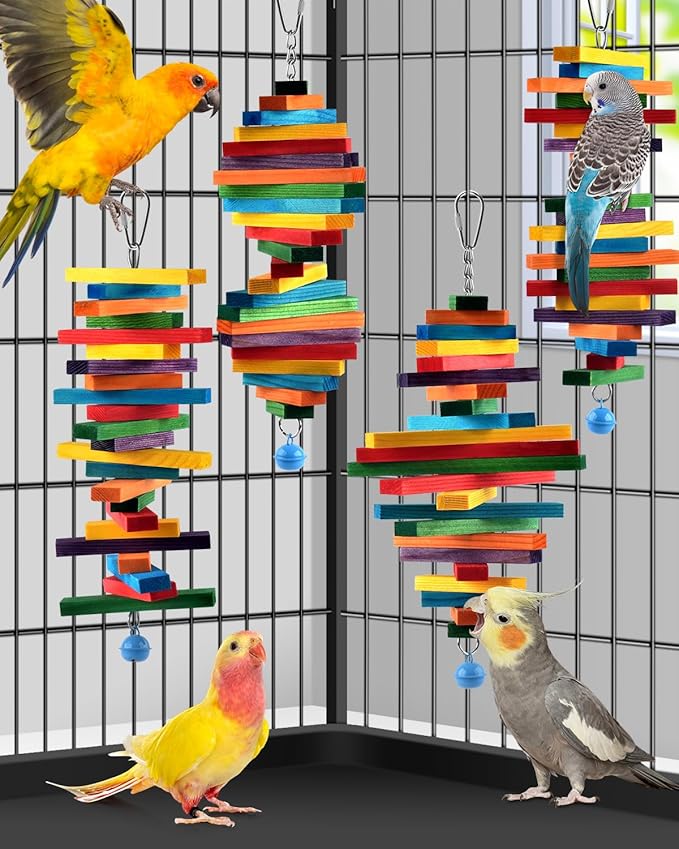 Bissap 4 PCS Bird Chew Toys, Multicolored Bagel Cascade Bird Parrot Chewing Sticks Biting Wooden Blocks Toy for Small Medium Conure Parakeet Cockatiels Lovebird Similar Sized Pet Birds
