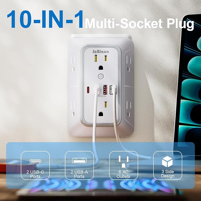 JcBlaon Surge Protector Outlet Extender 6 Outlet Extender with 4 USB Ports (PD 30W), 3 Sided 1050J Multi Plug Wall Adapter Power Strip for Home Travel Office Essentials