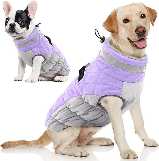 AOFITEE Dog Coat, Warm Dog Winter Coat, Reflective Cold Weather Dogs Puffer Jacket with Harness Built in, Waterproof Pet Fleece Vest Snowsuit for Small Medium Large Dogs, Lilac L