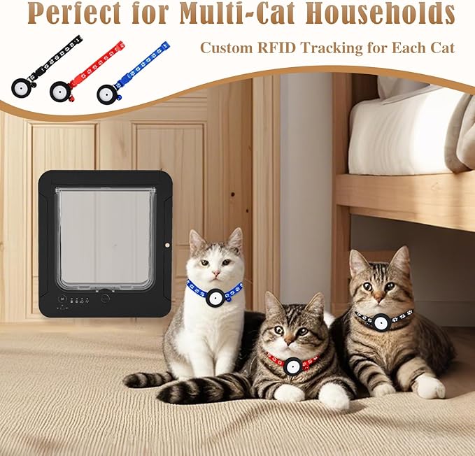 Smart Cat Door for Interior & Exterior, Flap Opening is 7.67’’ (H) by 7'' (W), RFID Cat Pet Door with 3 RFID Collar Sensor Keys & 1 Remote & 4 Way Locking Cat Flap, Automatic Opening Cat Door ﻿(Black)