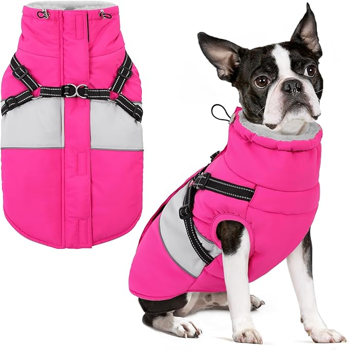 SUNFURA Dog Winter Coat, Waterproof Dog Coat Jacket with Harness for Medium Dogs Boys Girls, Reflective Fleece Lined Pet Snow Jacket Sweaters for Pug, Jack Russel, Boston Terrier, Hot Pink M