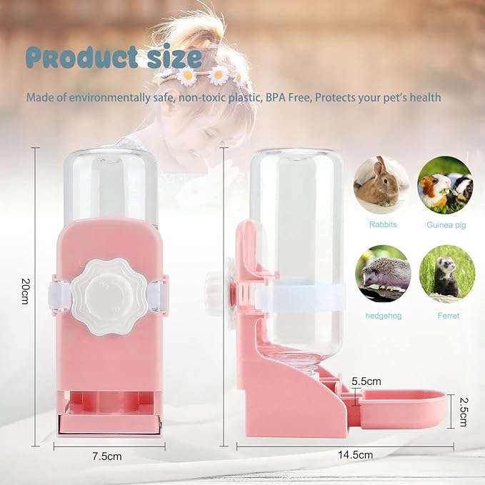 Rypet Rabbit Water Bottle No Drip - 17oz Hanging Water Fountain Automatic Dispenser Pet Cage Water Feeder for Bunny Chinchilla Guinea Pig Hedgehog Ferret Pink