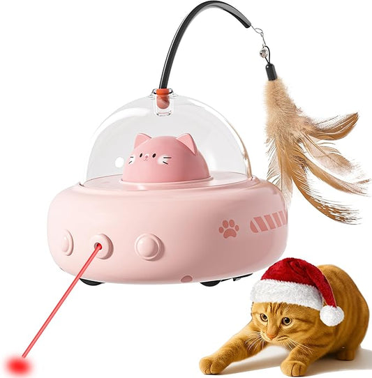 hooroor 2-in-1 UFO Laser Cat Toy with Feather, Automatic Motion Smart Sensor Interactive Toy for Indoor Cats & Small Dogs, Rechargeable 360° Obstacle-Avoidance Exercise Toy, Fun Self-Play Pet Gift