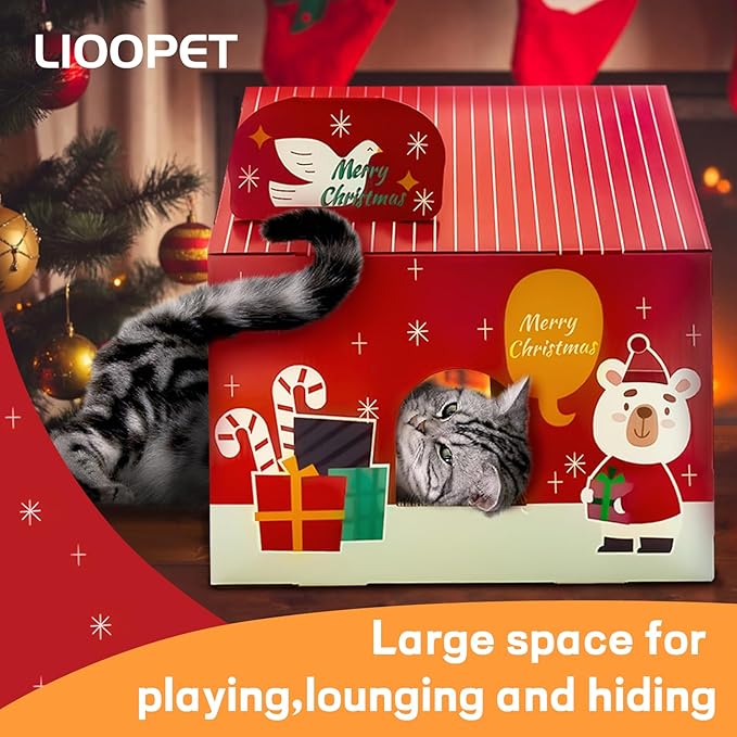 Christmas Cardboard Cat House with Scratching Pad (15"x12"x15") Cat Play House for Indoor Cats, Christmas Decorations Scratching Pad for Kitty