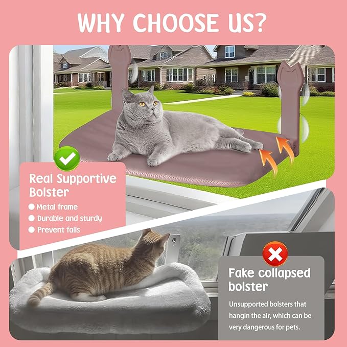 2 Pack Cat Window Perch,Cat Window Hammock Cordless Foldable Window Bed with 4 Large Strong Suction Cup,Reversible Cushion Cover,Metal Frame Easy to Adjust Window Seat Holds up to 40lbs(Brown，M)