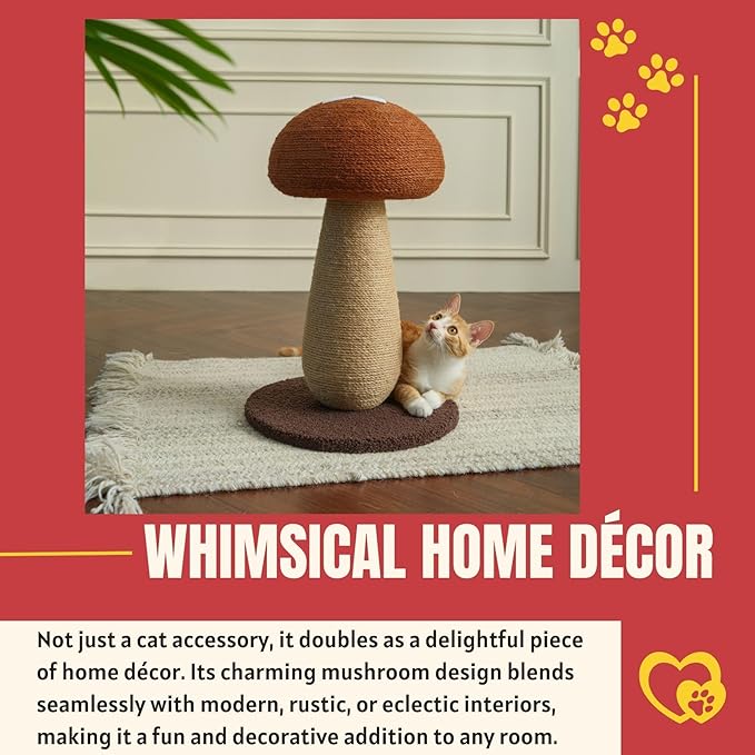 Shiitake Mushroom Cat Scratching Post – 100% Sisal Scratch Pole with Pompom Toy, Cute Shiitake Design for Indoor Cats, Durable Cat Scratcher Furniture