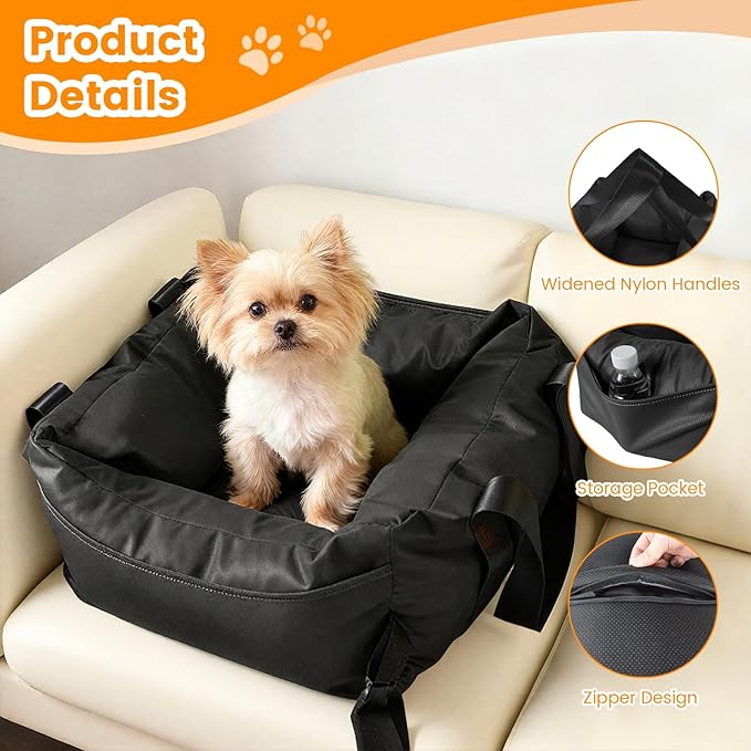 Dog Car Seat for Small Dogs, Large Leather Dog Car Bed with Storage Pocket, Waterproof PVC Leather Booster Seat Travel Bed for Front & Back Seat, Clip-On Safety Leash (Black)