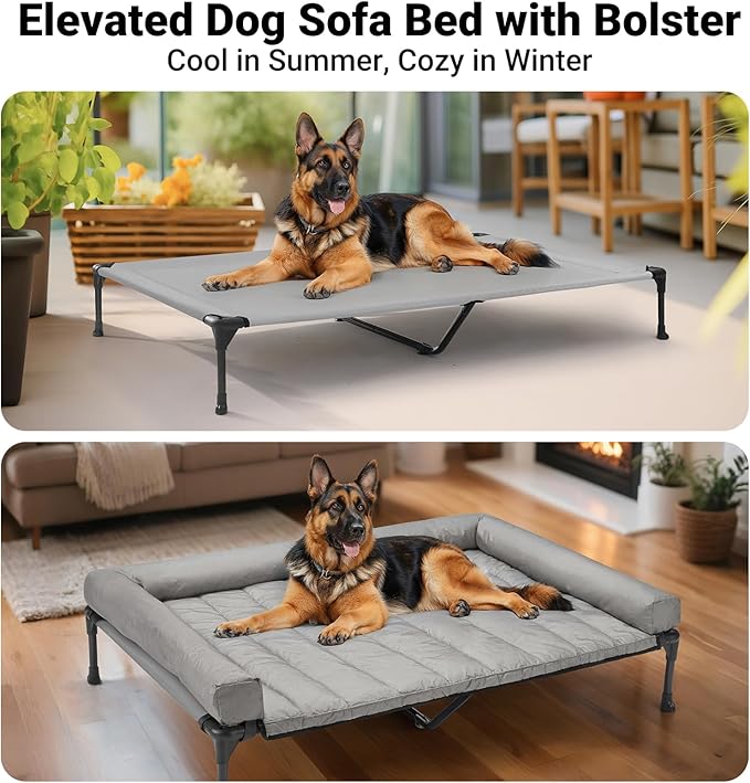 Veehoo Cooling Elevated Dog Bed Add Removable Waterproof Bolster Cushion Mat, Raised Pet Cot with Breathable Teslin Mesh, No-Slip Feet, Dog Couch Bed for Indoor Outdoor, 53 inches, Grey