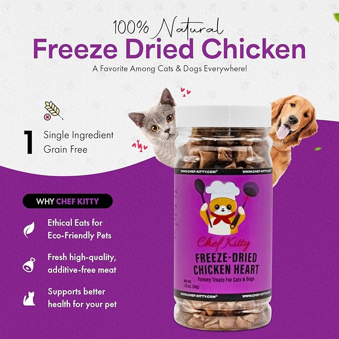 Freeze-Dried Chicken Heart Treats for Cats & Dogs – 100% Human Grade, Single Ingredient, High-Protein, Healthy Snack – No Additives or Preservatives – 1.4oz - Inspected & Tested in USA