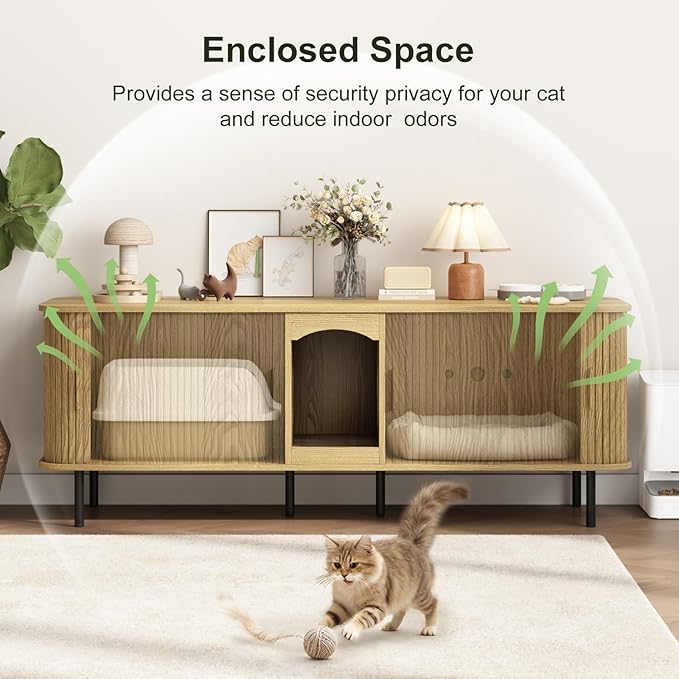 Double Cat Litter Box Enclosure Furniture, 59" Large Hidden Litter Box Furniture with Scratching Pad, Wood Pet House for 2 Cats, Indoor Modern Cabinet TV Stand for Living Room, Natural