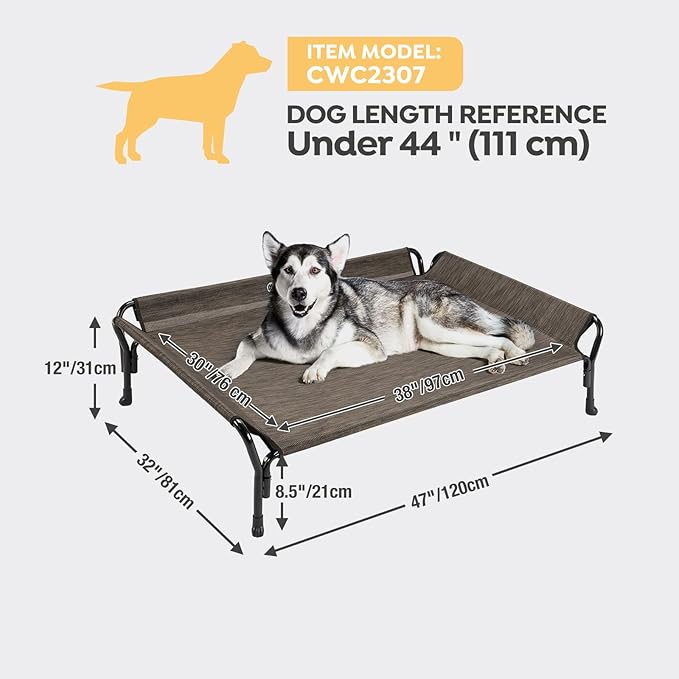 Veehoo Cooling Elevated Dog Bed, Raised Pet Cot with Guardrail & Slope Headrest, Durable Breathable Teslin Mesh, Non-Slip Feet, Washable Dog Couch Bed for Indoor & Outdoor, Large 47" x 32", Brown