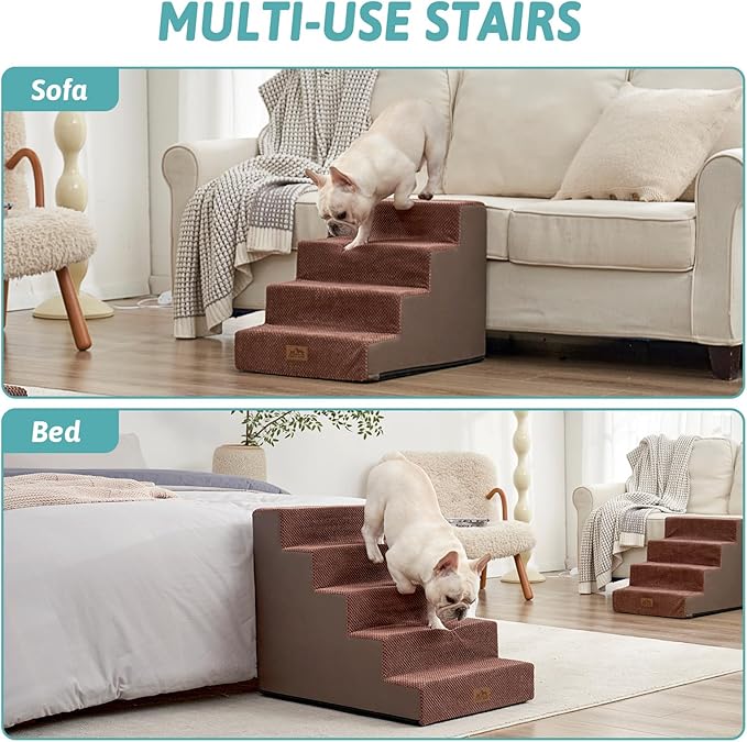 Dog Stairs for Small Dogs 5-Step, 19.7" Extra Wide Right-Angle Pet Stairs for Couch and Beds, Anti-Slip Dog Steps for Old Cats and Lowrider, 19.7x29.5x23.6 inch, Brown