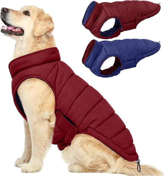 QBLEEV Reversible Dog Winter Coat, Waterproof Windproof Dog Jacket with Adjustable Fit & Leash Hole, Lightweight Warm Puffer Vest for Large Breeds, Wine Red, 2XL – Fits Labrador, Husky, Weimaraner