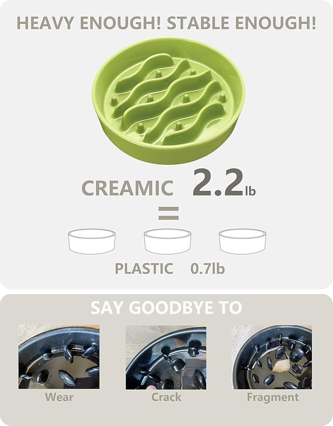 Ceramic Slow Feeder Dog Bowls for Medium and Large Dogs, 2.0 Cups Dog Slow Feeder for Fast Eater, 30oz, 8in, Lime Green