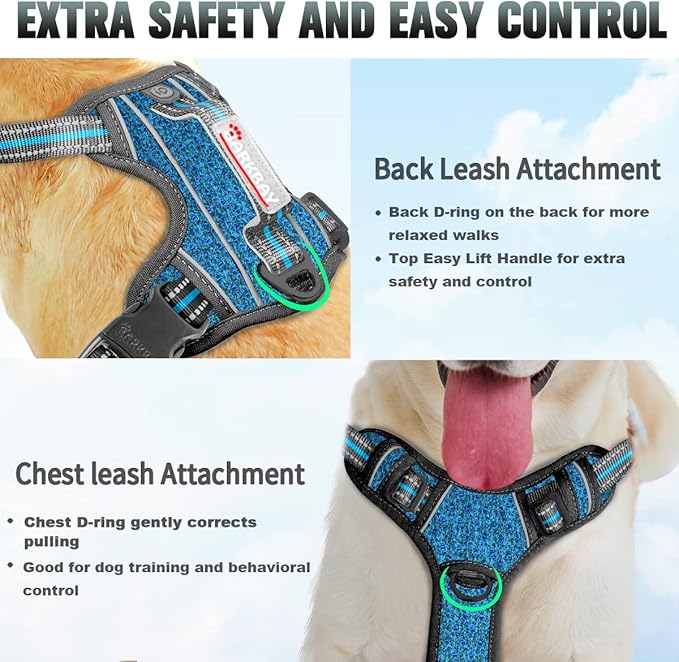 BARKBAY No Pull Dog Harness Large Reflective Dog Harness with Front Clip and Easy Control Handle for Walking Training Running with ID tag Pocket(Blue/Black,S)