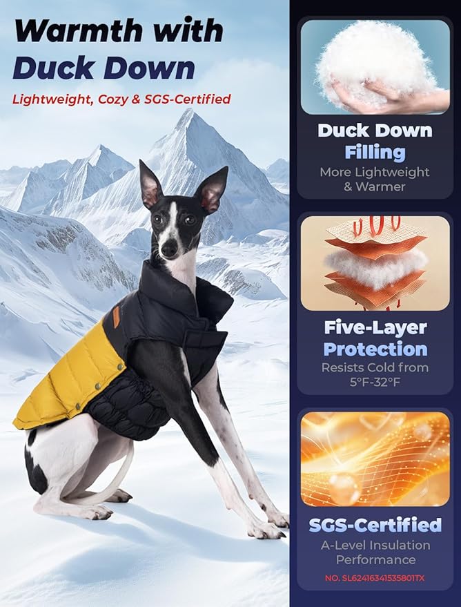 SPACE LION Dog Puffer Jacket, Down Winter Coat, Durable Outdoor Coat for Cold and Windy Conditions, Lightweight & Adjustable Fit Coats for Medium & Large Dogs,(BlackKhaki, Size18/L+)