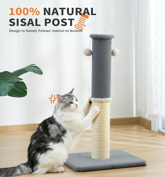 Made4Pets Tall Cat Scratching Post, Heavy Duty and Thicker Scratching Posts for Indoor Cats Adults, 23.6" Natural Sisal Cat Scratcher with Hanging Balls, Sturdy Base Cat Scratch Post, Light Grey