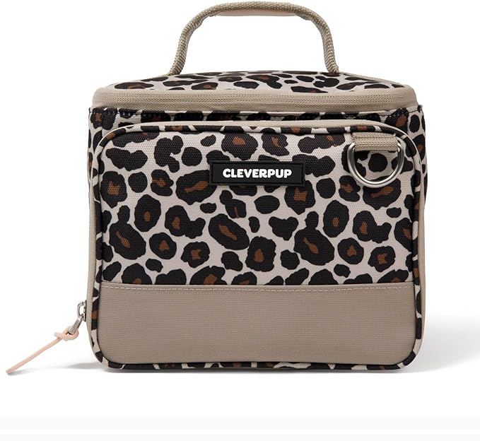 Small 7-Piece Bistro Box Dog Food Travel Kit, 6-Cup Kibble Storage, 2 Silicone Bowls, Mat & Scoop - Premium Portable Pet Food Kit for Weekends, Overnights, Daycare & Camping, Leopard