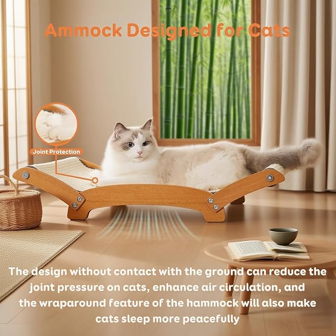 Larger Cat Scratcher Bed for Indoor Cats, Sisal Durable Cat Scratch Pad with Hammock for Indoor Cats Lounger & Sleep & Scratch, Natural Sisal Scratching Post, Sturdy Solid Wood Frame