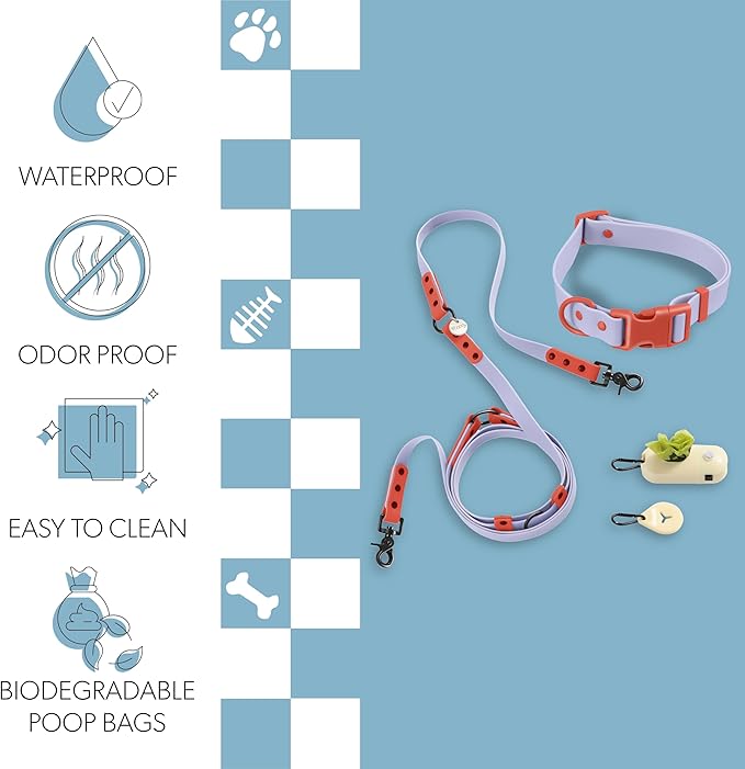 WLK1006E-5SET Luna Large 8FT Adjustable 6-in-1 Waterproof Hands-Free Leash and Collar with LED Flashlight, Bag Dispenser, and Poop Bag Holder, Sangria