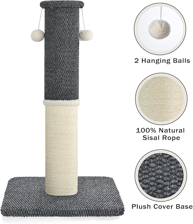 Made4Pets Tall Cat Scratching Post, Heavy Duty and Thicker Scratching Posts for Indoor Cats Adults, 33" Natural Sisal Cat Scratcher with Hanging Balls, Sturdy Base Cat Scratch Post, Dark Grey