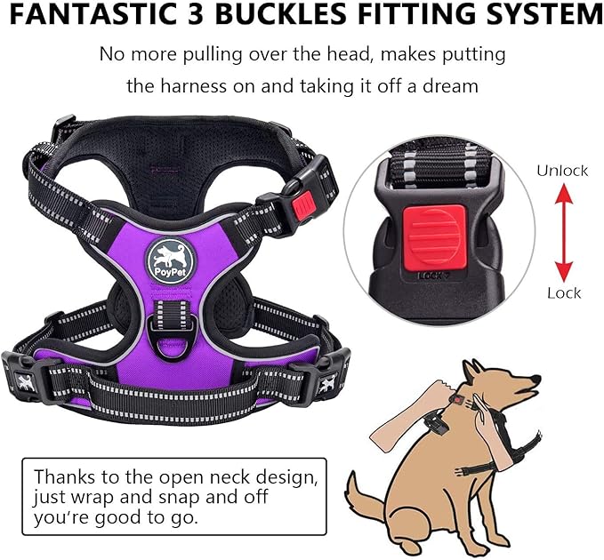 PoyPet Dog Harness and Leash Combo, Escape Proof No Pull Vest Harness, with 5 Feet Leash, Reflective Adjustable Soft Padded Pet Harness with Handle for Small to Large Dogs(Purple,S)