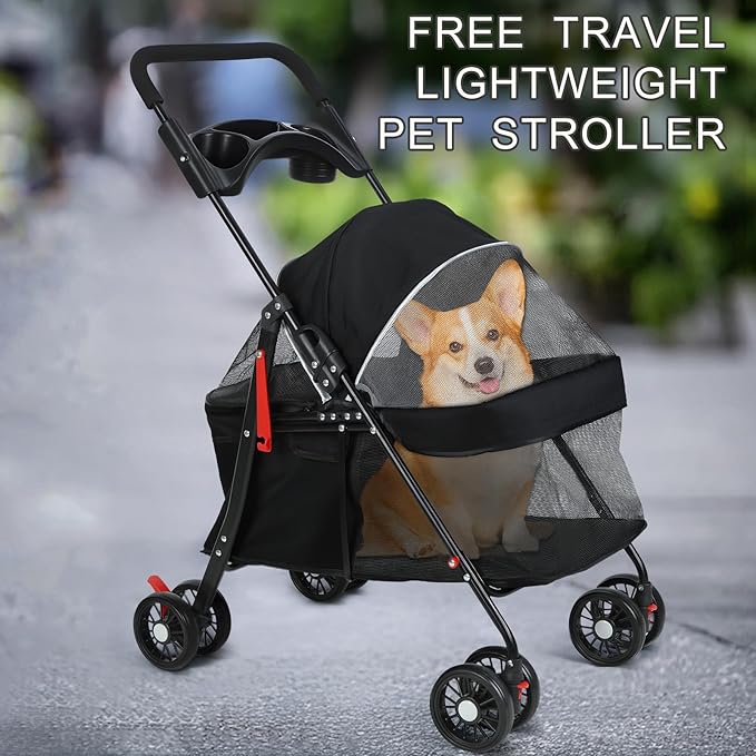 Pet Strollers,4 Wheels Outdoor Travel Pet Folding Stroller, Outdoor Travel Folding Stroller, Dog Cat Cage Carrier with Cup Holder, Breathable and Visible Mesh for Medium Small Dog