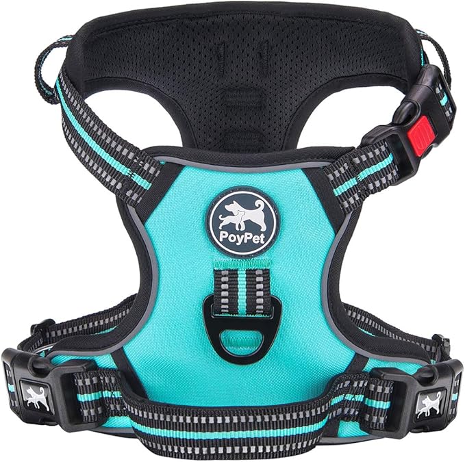 PoyPet No Pull Dog Harness, [Release at Neck] Reflective Adjustable No Choke Pet Vest with Front & Back 2 Leash Attachments(Mint Blue,S)