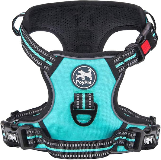 PoyPet No Pull Dog Harness, [Release at Neck] Reflective Adjustable No Choke Pet Vest with Front & Back 2 Leash Attachments(Mint Blue,M)