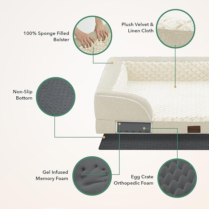 Orthopedic XXL Dog Beds, Waterproof Memory Foam Big Pet Bed for Extra Large Sized Dogs 53x42Inch, Non-Slip Bottom and Egg-Crate Foam Dog Couch Bed with Washable Removable Cover, Beige