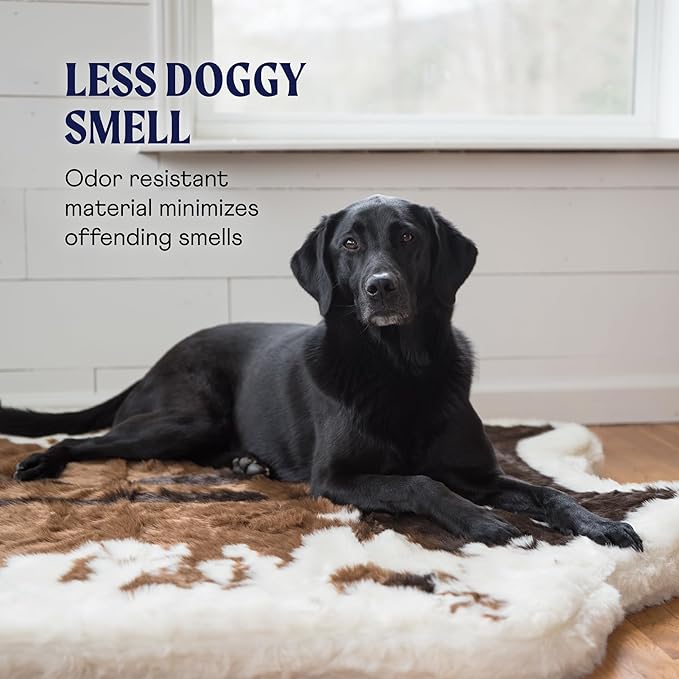 PupRug Orthopedic Dog Bed for Large Dogs with Fluffy Soft Faux Fur and Memory Foam for Joint Pain Relief, Machine Washable and Waterproof Couch Bed, Brown and White, Large/Extra Large