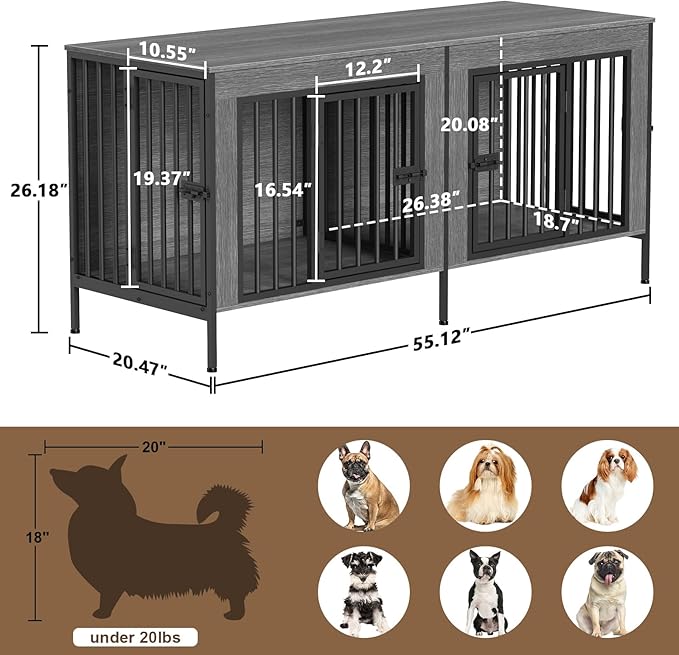 EasyCom Dog Crate Furniture for 1 or 2 Dogs, Heavy Duty Single/Double Dog Crates for Small/Medium/Large Dogs, Dog Kennel Furniture Indoor as TV Stand, Small Size 55.12" L(0-20 Pounds), Oak Grey