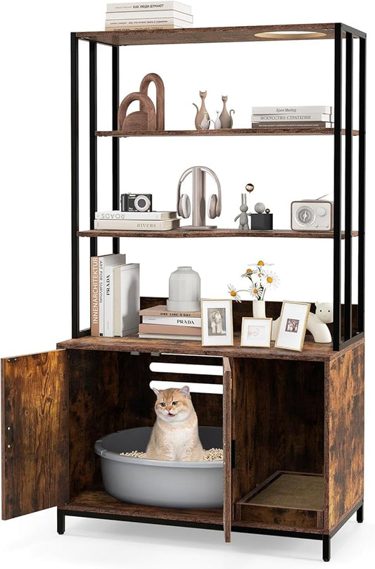 PETSITE Cat Litter Box Furniture with 3 Shelves and Doors, 61 inch Tall Cat Box Enclosure with Display Shelves, Scratching Pad, Indoor Hidden Litter Box with Decorative Storage Shelving (Rustic Brown)