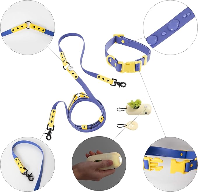 WLK1005C-5SET Luna Medium 8FT Adjustable 6-in-1 Waterproof Hands-Free Leash and Collar with LED Flashlight, Bag Dispenser, and Poop Bag Holder, Curaçao