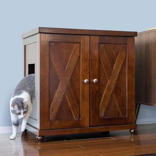 THE REFINED FELINE Cat Litter Box Enclosure Cabinet, Farmhouse, Mahogany Brown, Tulip Feet, Large, Hidden Litter Cat Furniture with Drawer
