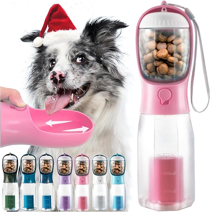 Portable Water Bottle for Dogs, 3 in 1 Pet Travel Bowl Dispenser with Food Treat Container & Poop Bag Holder, Summer Outdoor Walking Hiking Accessories for Large Dog On The Go - Pink, 20oz